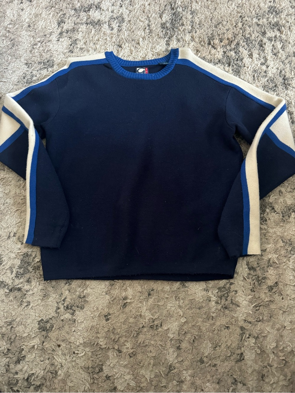 Vintage GAP 100 % merino wool Navy Crewneck Sweater with Blue and Cream Stripes